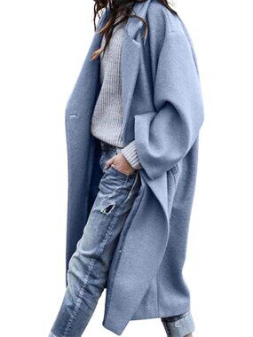 Women's Blue Notched Collar Wool Blend Single Breast Midi Long Trench Coat